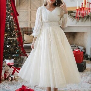 Ivy City Co White Midi Dress with V-Neck and Bishop Sleeves